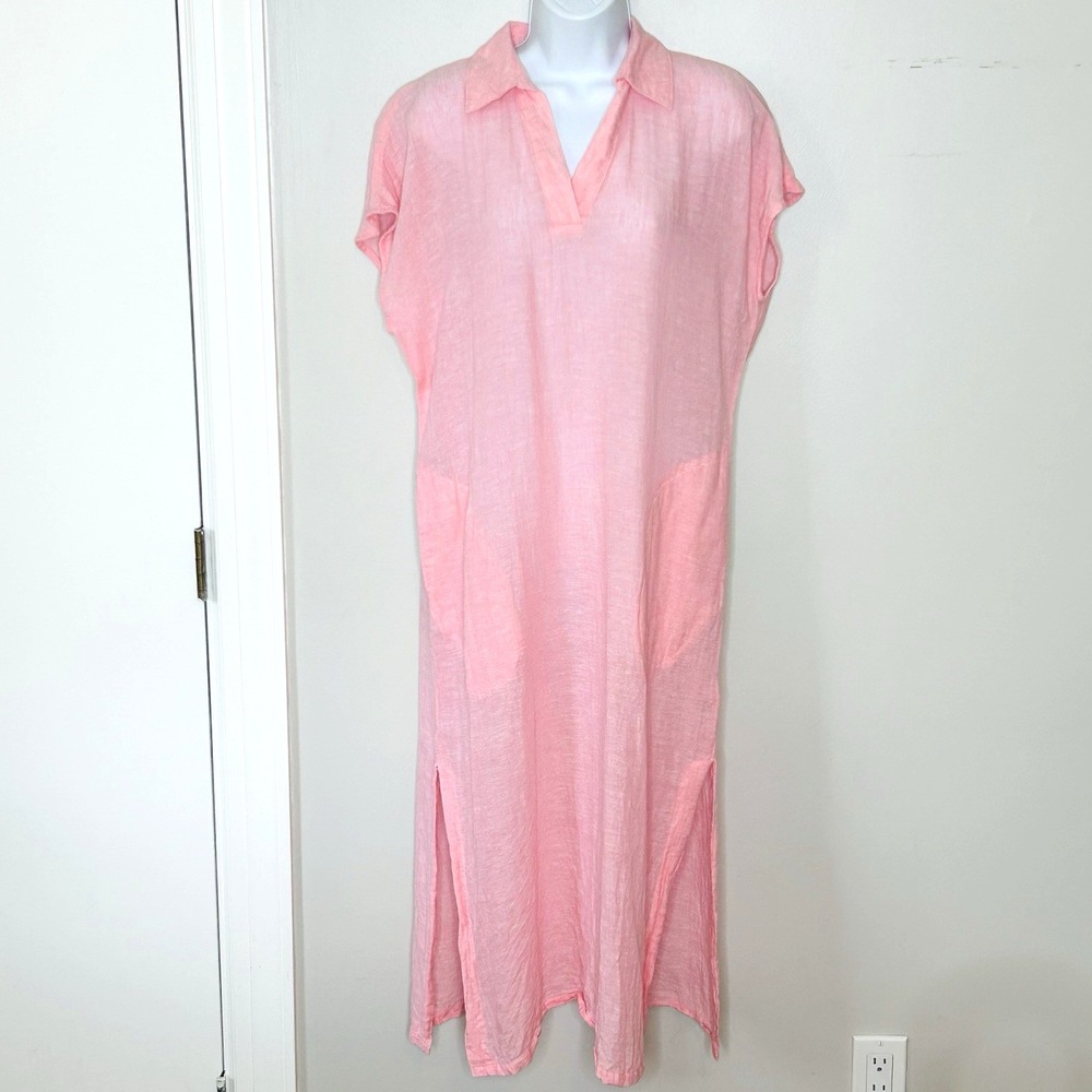 Tahari Maxi Dress Kaftan S Pink Linen Blend Pockets Vacation Beach Swim Travel